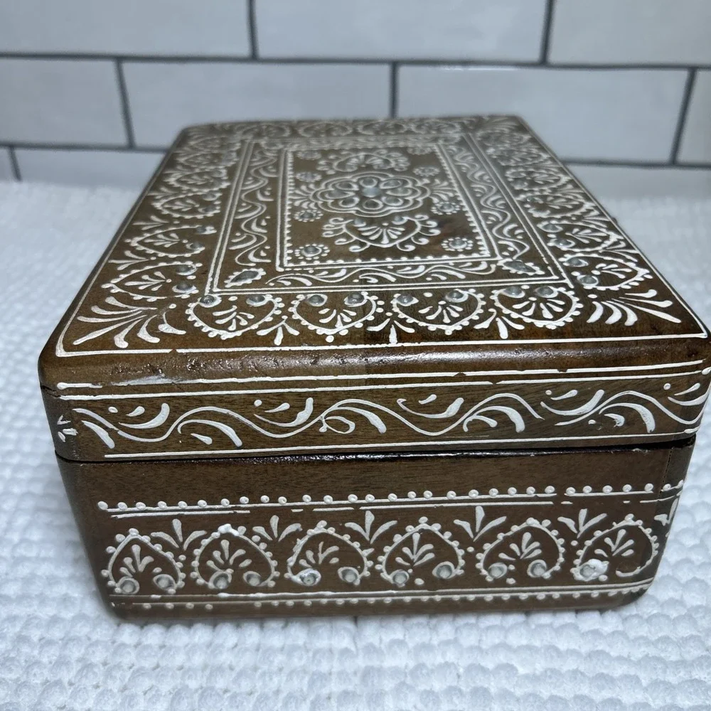 Teak Wood Hand Painted Box Embellished Approx 9.5x7.5x4.5 inches